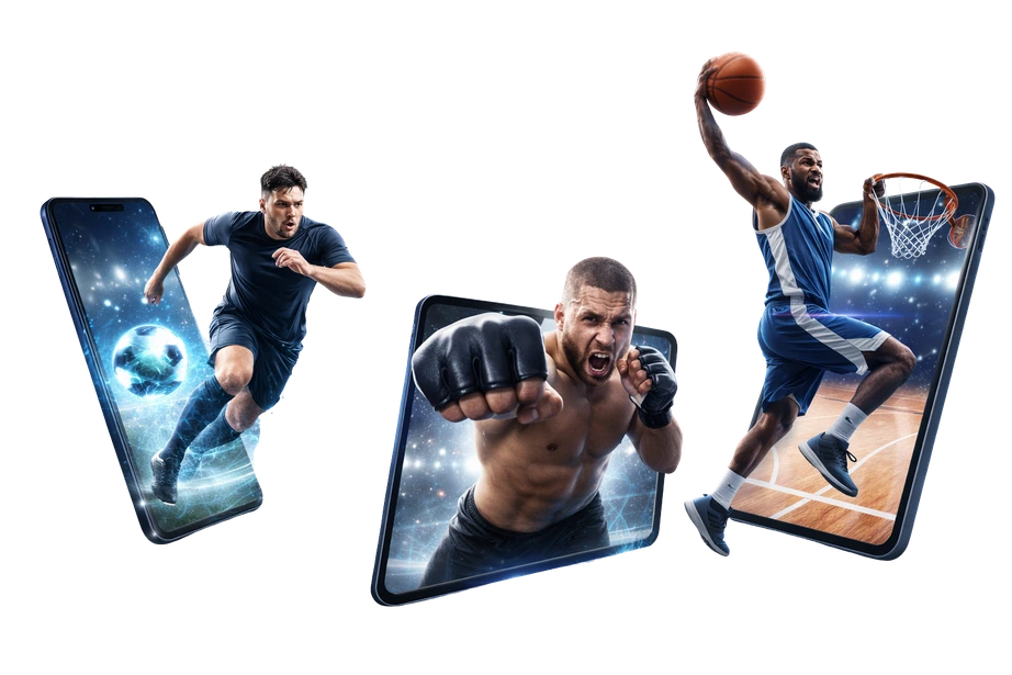 Illustrative 3D artwork of athletes appearing to extend beyond smartphone screens